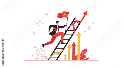 Aspiring Businessman Reaching Goals, Demonstrating Success, Climbing Corporate Ladder, with Flag
