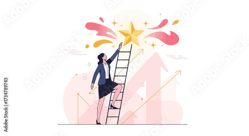 Aspirational Woman Climbing Ladder Reaching For Shining Star Achieving Success and New Heights