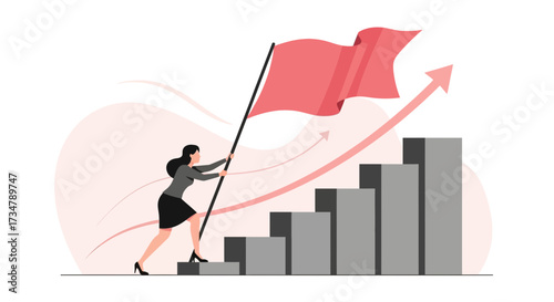 Achieving Success: A Woman Planting a Flag on Top of a Growth Chart To Represent Victory
