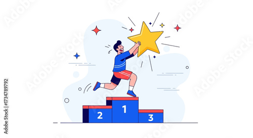 Achieving Success And Reaching For The Stars Illustration On Podium, A Symbol Of Victory