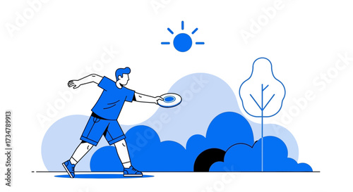 Athlete Demonstrating Disc Sport Technique Under Sunny Sky Over Abstract Blue Background