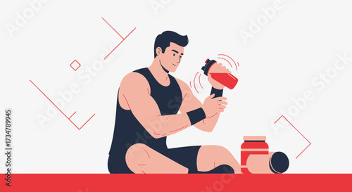 Athlete Preparing Supplement While Sitting, Fitness and Wellness Lifestyle Concept Illustration