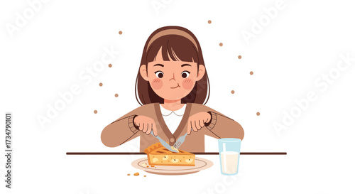 Attractive Woman Prepares To Eat A Slice Of Pie With Milk, Vector Illustration