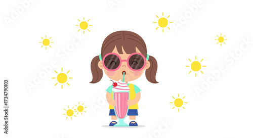 Adorable Cartoon Girl Enjoying a Refreshing Milkshake in Sunny Summer Weather