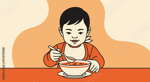Adorable Child Enjoying Meal: A Cute Illustration Of Baby Eating In A Bowl