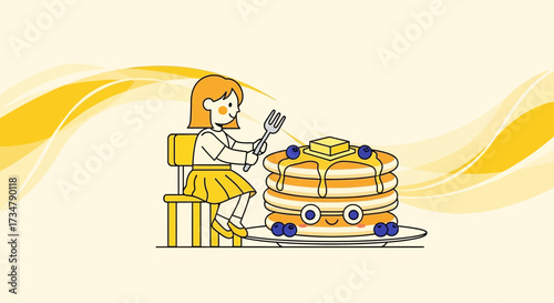 Adorable Girl Dining Delicious Pancakes with Butter and Berries in a Cheerful Illustration
