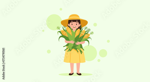 Adorable Girl Harvesting Sweet Corn, Smiling and Holding Fresh Harvested Crop