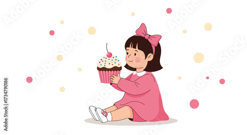 Adorable Girl Holding a Gigantic Cupcake and Sitting, Surrounded by Dots Animation