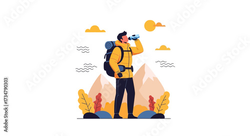 Adventurer drinking water in the mountains while enjoying the beautiful landscape scenery illustration
