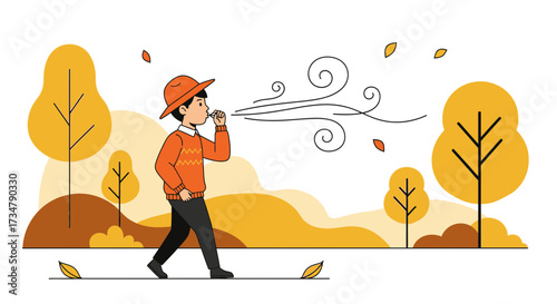 Autumn scene of a boy whistling, wind blowing with yellow trees and leaves background