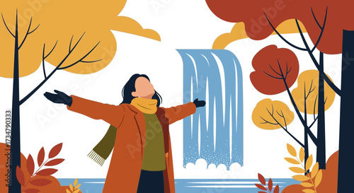 Autumn Scene Illustration Depicting a Person with Arms Open in Front of a Waterfall
