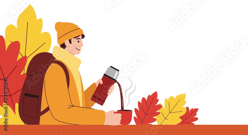 Autumn scene of a hiker pouring from a thermos into a mug with fallen leaves
