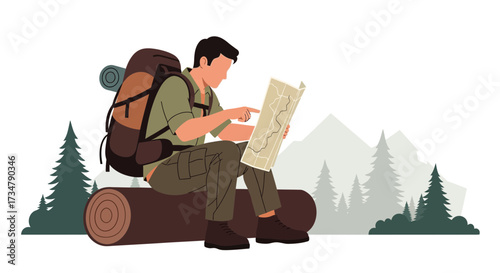 Adventurer looking at a map in the mountains planning his hiking route illustration