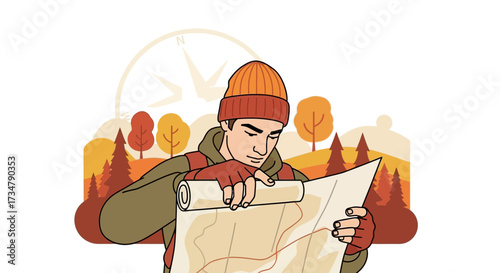 Adventurer Man Consulting a Map for Navigation in a Scenic Autumn Landscape