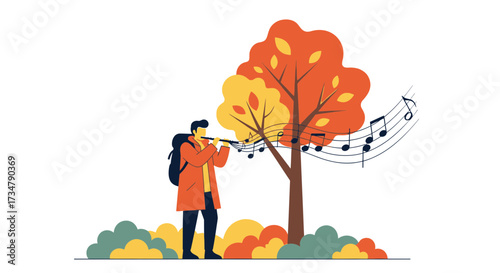Autumn Serenade: A Person Playing Flute Under a Tree with Musical Notes