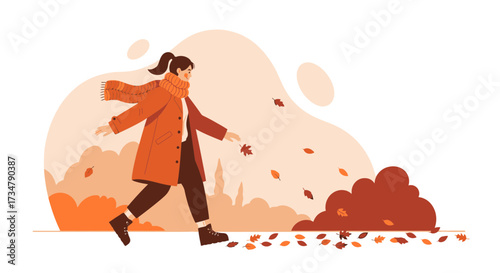 Autumn stroll of a woman in a coat with the falling leaves illustration in flat design