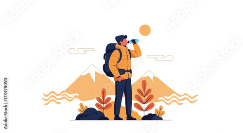 Adventurous hiker drinking water on a mountain trail enjoying the outdoors vector illustration