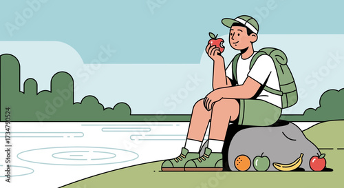 Adventurous Hiker Enjoying A Peaceful Moment Eating Fruit While Resting Near Nature