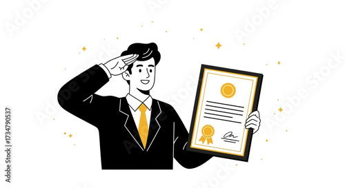 Award Ceremony: Gentleman Salutes With Certificate Displaying Achievements and Formal Attire