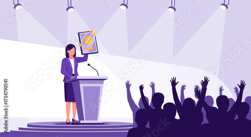 Award Ceremony Featuring Winner Holding Trophy And Crowd Cheering With Spotlight Illumination