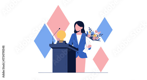 Award Ceremony Illustration Featuring Successful Business Woman Receiving Bouquet and Recognition