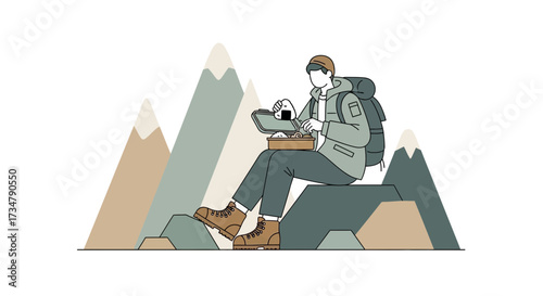 Adventurous Person Resting Mid Journey Overlooking The Majestic Mountain Peaks