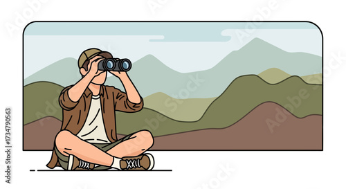 Adventurous Persona Gazing Through Binoculars At Majestic Mountain Range Scenery