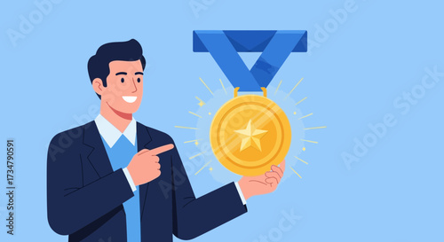 Awarded Businessman Displaying a Gold Medal, Symbolizing Achievement and Success