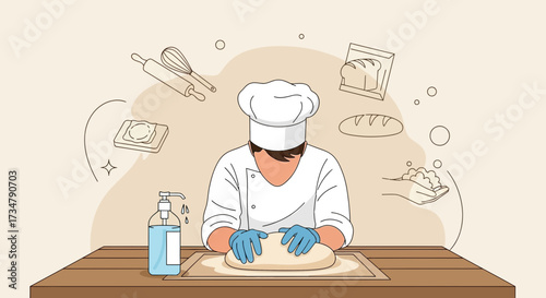 Baker kneads dough in a bakery, surrounded by bread-making elements in an illustration
