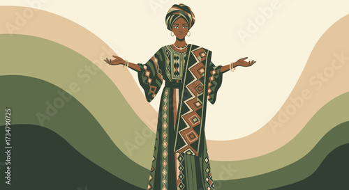 African Woman In Stylish Attire With Arms Open And A Decorative Background