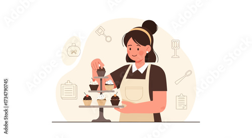 Baker Presenting Decorated Cupcakes on Tiered Stand in Minimalist Illustration