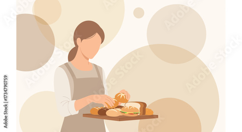 Baker Presenting Freshly Baked Breads and Sandwiches in a Rustic Cafe Atmosphere