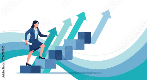 Ambitious Career Woman Ascending Steps Demonstrating Professional Development and Achievements