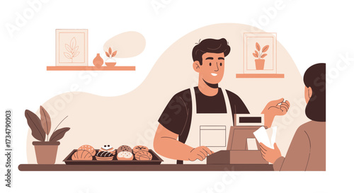 Bakery Scene Showing Customer Transaction With Clerk and Fresh Baked Goods