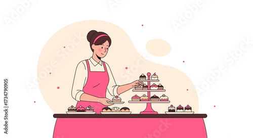 Bakery Scene: Young Baker Displaying Assorted Sweet Treats on a Multi-Tiered Stand