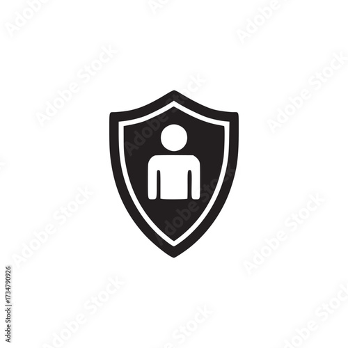 Vector art of shield icon with person inside symbol of protection, security, and safety represents safeguarding personal information, privacy, and data from threats and risks
