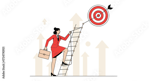 Ambitious Woman Climbing Ladder Towards Success Hitting A Target for Achieving Goal
