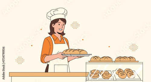 Bakery Worker Preparing Bread, Serving Baked Goods, Chef Smiling, Presenting Pastries