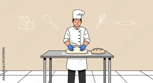 Baking Confectioner Prepares Fresh Loaf of Bread on the Table in Illustrative Form
