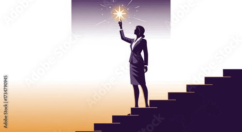 Ambitious Woman Scaling Stairs Reaching For The Glowing Star Symbolizing Success