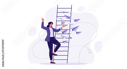Ambitious Woman Reaching Higher While Paper Airplanes Fly Towards Potential Success