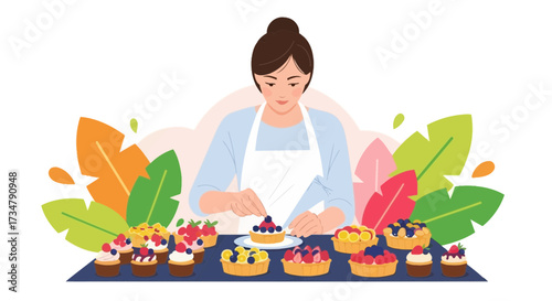 Baking Delight: A Woman Crafting Exquisite Tarts, Featuring Fresh Berries and Garnishes