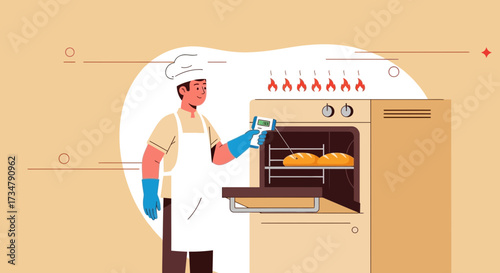 Baking Temperature Precision: Chef Measuring Bread Heat During Baking Process Illustration