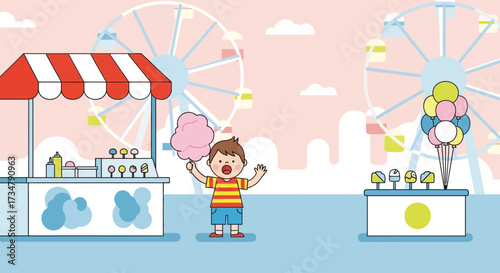 Amusement Park Celebration: A Cheerful Boy Embraces Cotton Candy with Joyful Exuberance