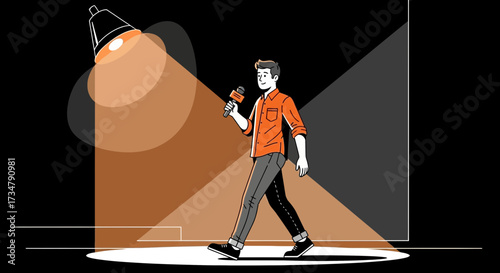 An Announcer With Microphone Walking Under Spotlight In A Dark Room Illustration
