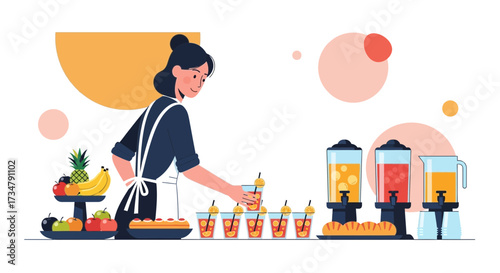 Barista Prepares Fresh Juice And Fruit, A Delightful Display Of Refreshments, A Healthy Treat