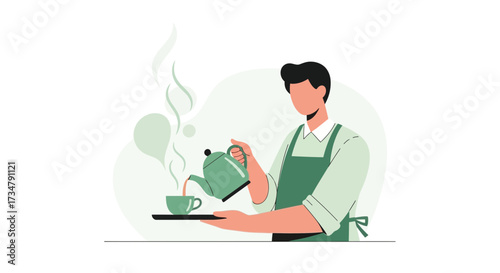 Barista Presenting Freshly Poured Beverage in a Serene Minimalist Artistic Composition