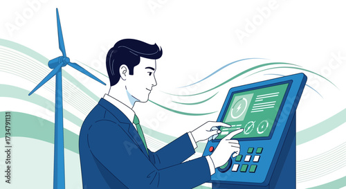 An Engineer Monitoring Wind Turbine Energy Production on a Touchscreen Interface