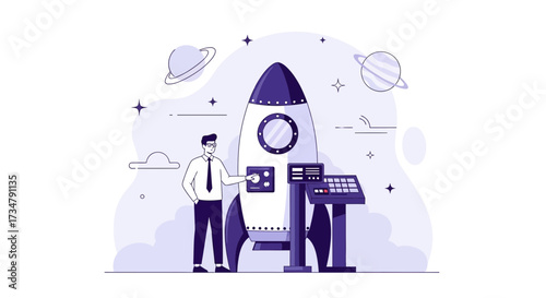 An Engineer Prepares A Rocket For Launch Into Outer Space With Astronomical Elements