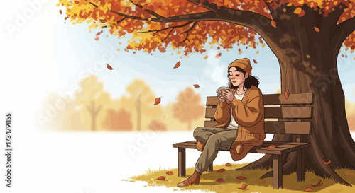 An illustrated image of a woman relaxing under a tree in a warm autumn day